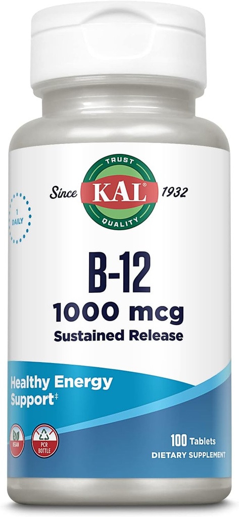 KAL-vitamiini B12 1000 mcg, Pitkäkestoinen julkaisulisä terveelle energialle, aineenvaihduntalle, sydänterveydelle, hermoille ja punaisille verisoluille, pitkäaikainen Formula, vegan, 100 tarjoilua, 100 tablettia