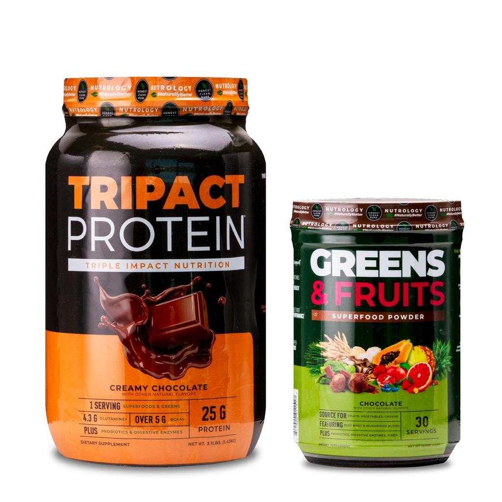 Nutrology TRIPACT Protein Powder, 7-i-1 Meal Replacement Shake, Creamy Chocolate (40 portioner) Greens & Fruits Powder-Naturally Sourced Superfood, Chocolate (30 portioner)