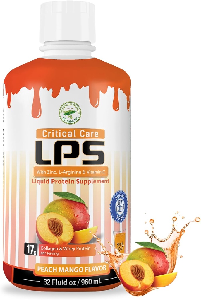 Nutritional Designs LPS Liquid Collagen & Whey Protein Supplement, Sokeriton, ei-GMO Drink, edistää tervettä ihoa ja hiuksia miehille ja naisille. (Kriittinen hoito) Persikka mango
