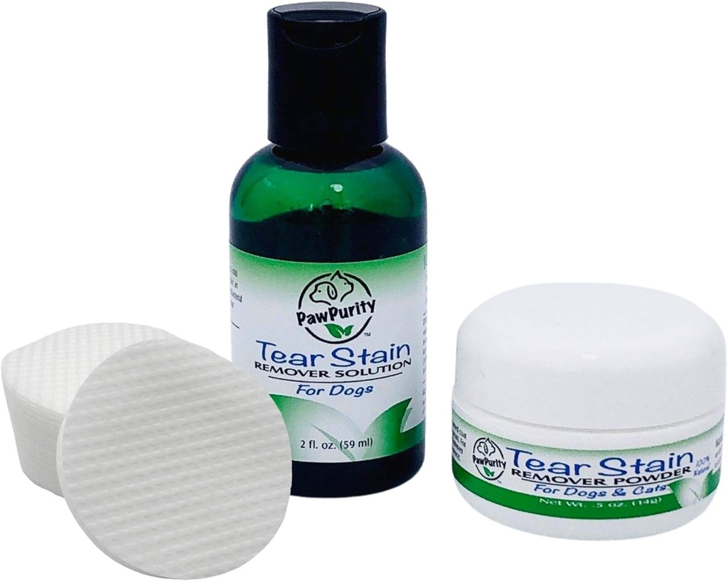 PawPurity Tear Stain Remover Starter Kit för hundar | Inkluderar Tear Stain Remover Solution 2 oz, Powder .5oz och 30 Application Pads | 100% naturlig | Avlägsnande tar cirka 7-10 dagar (30-45 dag leverans)