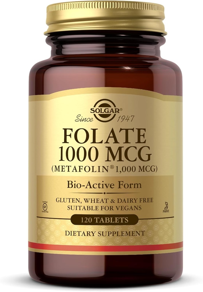 Solgar Folate 1000 mikrog - 120 tablettia - 1000 mikrog Bio-Active Metafolin - Vegan, Gluteeniton, Dairy Free, Kosher - 120 tarjoilua