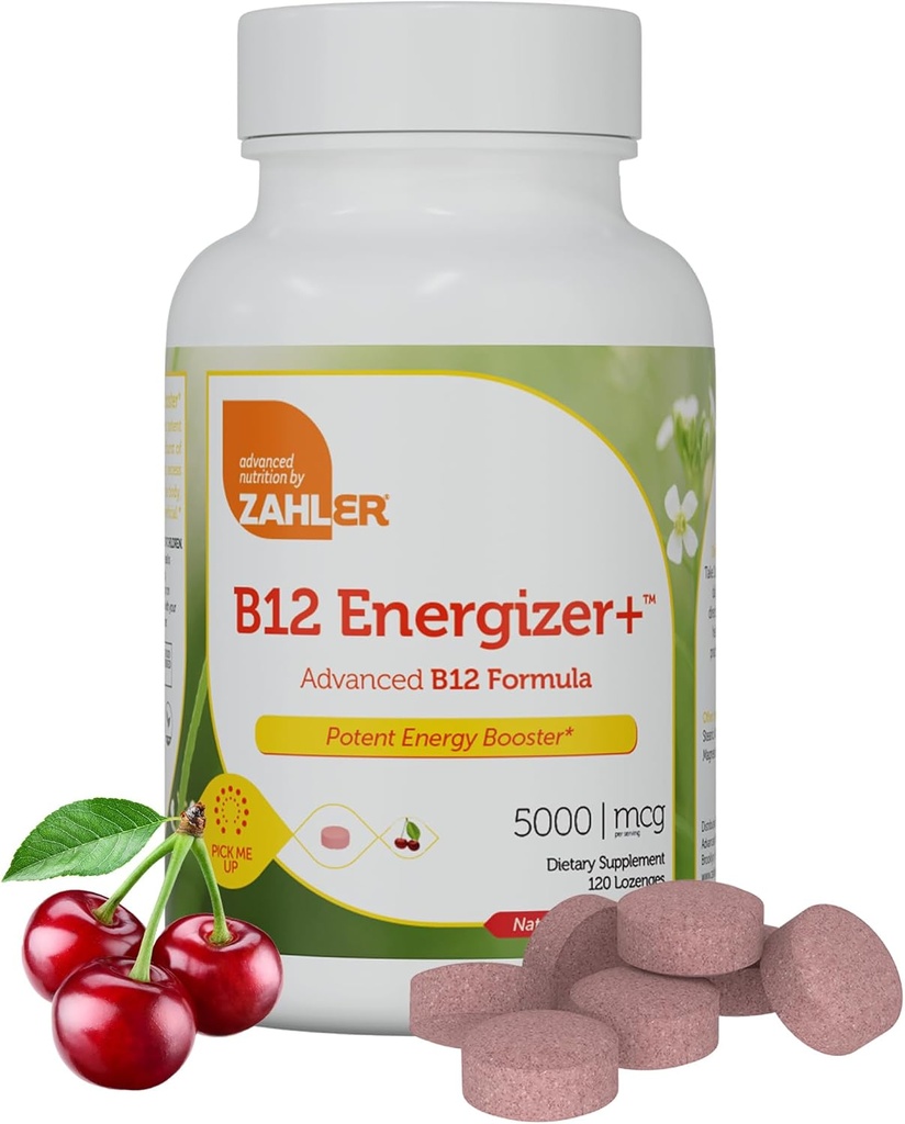 Zahler Energizer+ B12-5000 mikrog B12-vitamiini - Luonnollinen Cherry Flavor liukenevat Lozenges - Kosher Gluteeniton ei-GMO B12-vitamiinit 5000 mikrog, energia Boost, Valmistettu Yhdysvalloissa (120 kreivi)