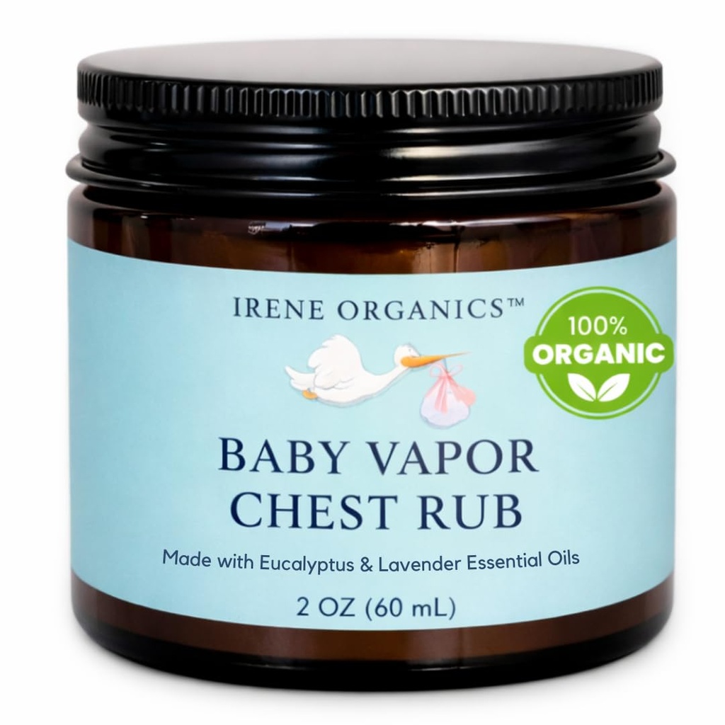 Irene Organics Organic Baby Vapor Chest Rub Clean Vapo Rub Valmistettu myrkyllisiä ainesosia, kuten Eucalyptus Essential Oils, turvallinen kaikenikäisille, Vastasyntyneet ja lapset, Sairaat lapset Essentials