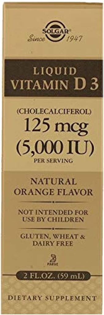 Solgar Liquid D3 125 mikrog (5 000 IU) - 2 fl oz - herkullinen, luonnollinen appelsiini maku - auttaa säilyttämään terveet luut ja hampaat - immuunijärjestelmän tuki - Gluteeniton, maitotuotteeton, Kosher - 59 tarjoilua