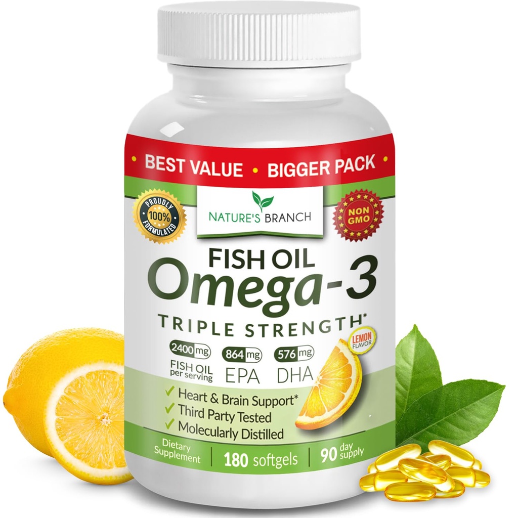 Best Triple Strength Omega 3 Kalaöljy pillereitä - 180 kapselia - 2400 mg Korkea Potenssi Burpless Lemon Flavor 864mg EPA 576mg DHA Ultra Pure Liquid Softgels aivojen nivelet Silmät Heart Health täydennysosa