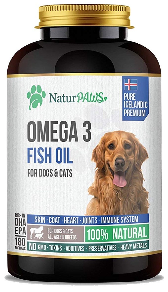 Omega 3 Fish Oil Supplement koirat ja kissat - 1000 mg Pure DHA ja EPA Omegas - Tukee Terve turkki ja iho, sydän, immuunijärjestelmä, nivelet ja Hip - 180 pehmogeeliä