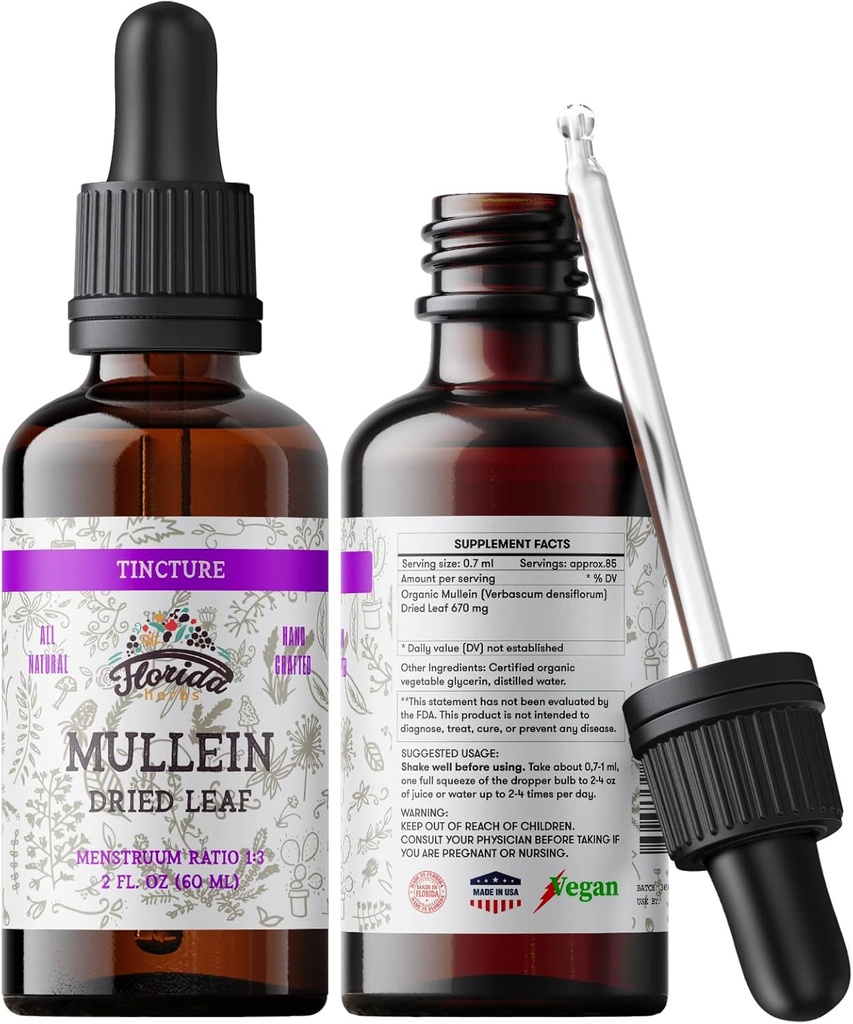 Mullein Tincture Extract, Organic Mullein (Verbascum densiflorum) Torkade Leaf Herbal Supplement i kallpressad grönsaksglycerin 670 mg