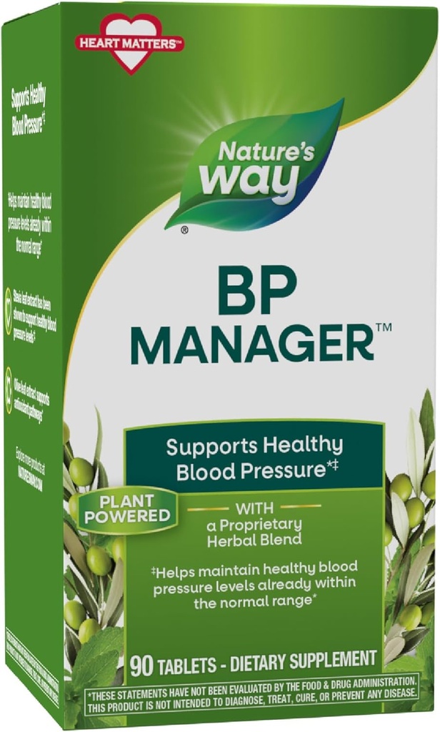 Nature's Way BP Manager, tukee tervettä verenpainetta(1) & Heart Health*, Stevia, Hawthorn, & Olive Leaf Otteita, 90 tablettia (Packaging May Vary)