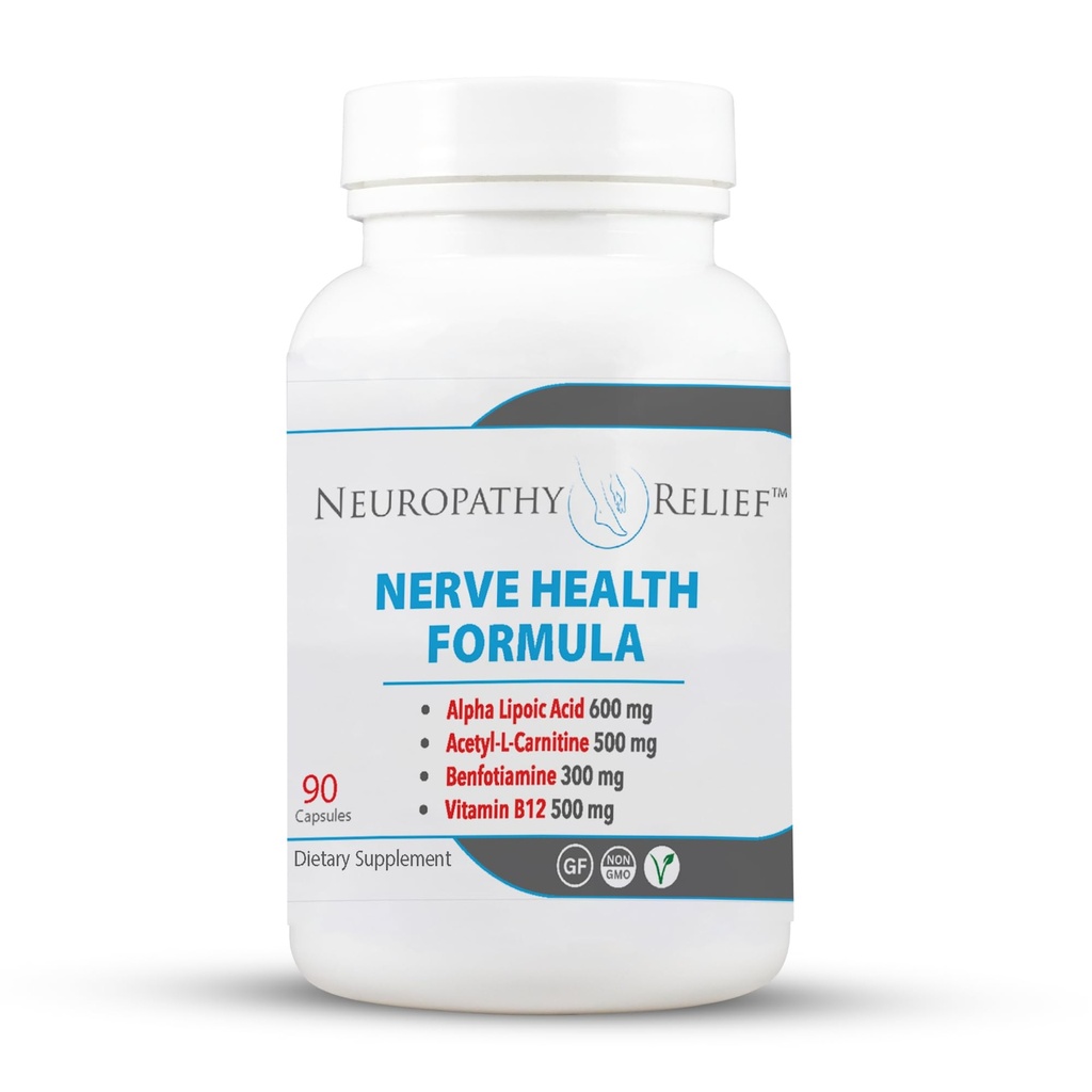 Neuropatia ReliefTM Nerve Health Formula - Advanced Support Alpha Lipoic Acid, Acetyl-L-karnitiini, Benfotiamiini, ja B12-90-vitamiinin kapselit
