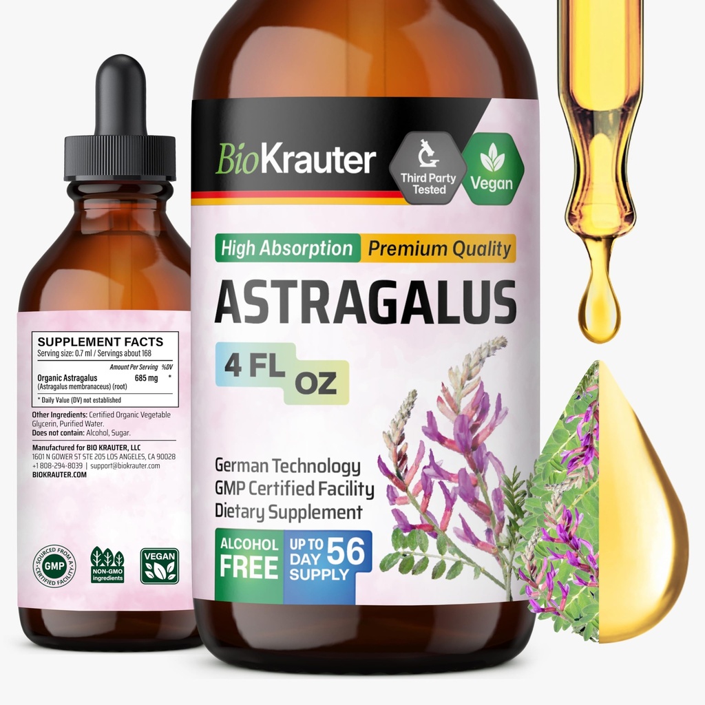 BIO KRAUTER Astragalus Tincture - Astragalus Root Extract för immunstöd - Alkohol och sockerfri - Hög Absorption - Vegan Drops 4 Fl.Oz.