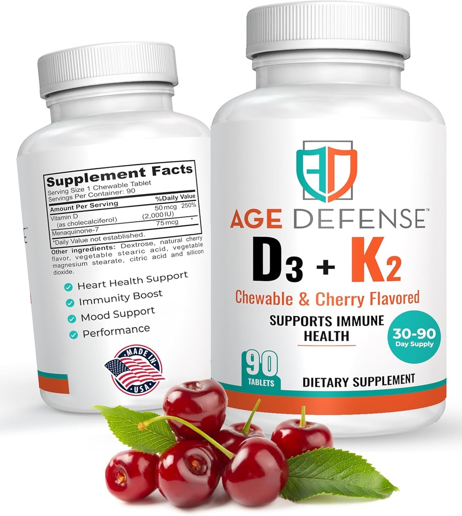 D3-vitamiini 2000 IU yhdessä K2-90-purutablettien kanssa Cherry Flavoring Natural Energy Booster-Supports Vitality, Immunel Health, & Overall Wellness-Vitamin D3 ja K2-vitamiini miesten ja naisten