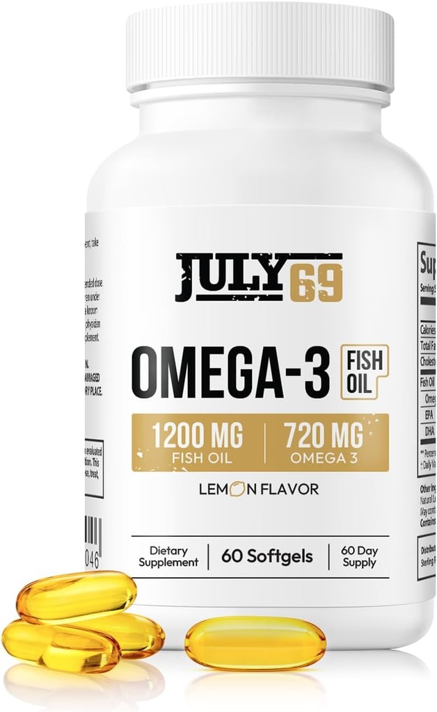 Omega 3 Fish Oil - 1200 MG Fish Oil, 720 MG Omega 3, Lemon Flavor, 60 Softgels, Natural EPA-DHA Softgels för styrka och hälsa, hög styrka, stöd för kvinnor och män