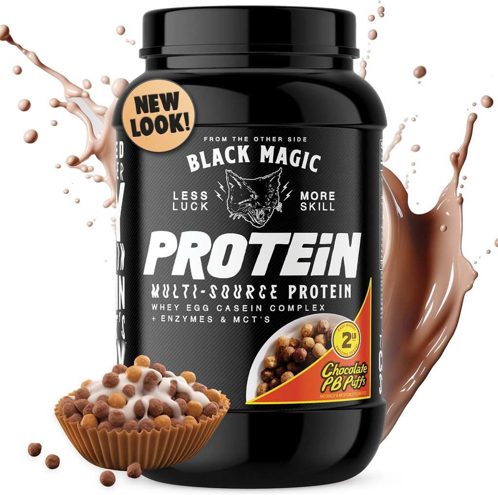Black Magic Protein Powder - Whey, Egg och Casein Complex med Enzymes & MCT Powder - Pre Workout och Post Workout - New Look- Famous Chocolate Peanut Butter Puffs - 24g Protein - 2 LB