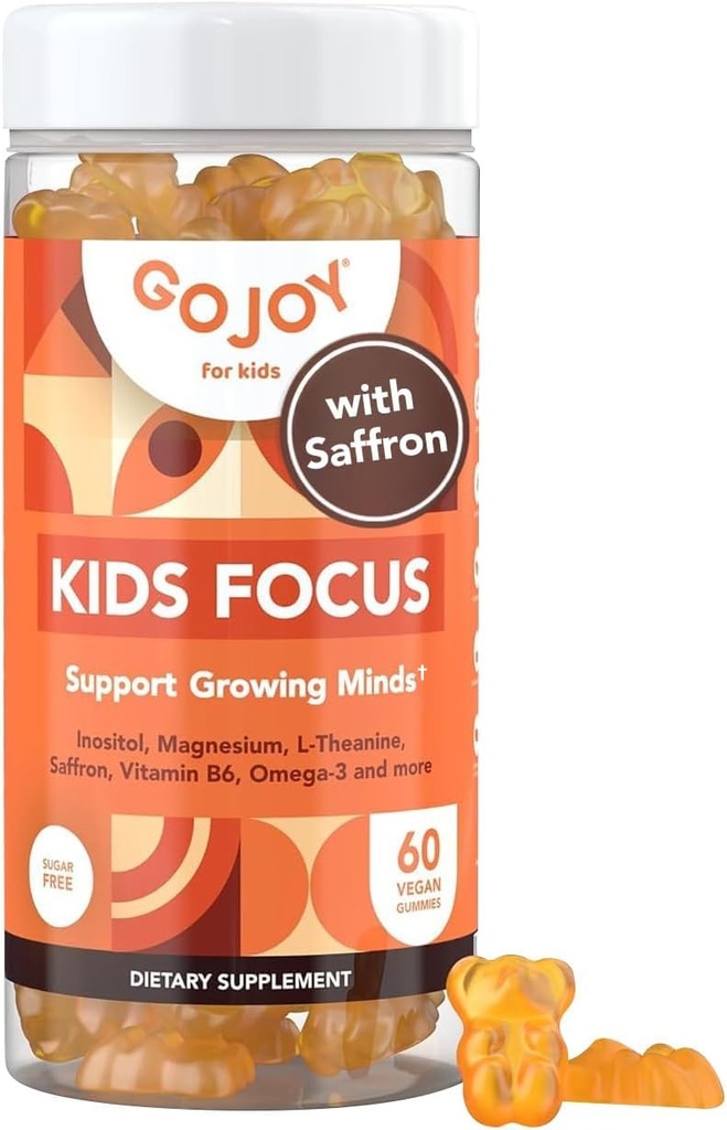 Kids Focus Gummies - 7-i-1 Focus & Attention Supplement för barn & Teens w / Saffron Extract, Magnesium Glycinate, L-Theanine, Inositol & More - Vegan, Gluten & Sugar-Free, Non-GMO