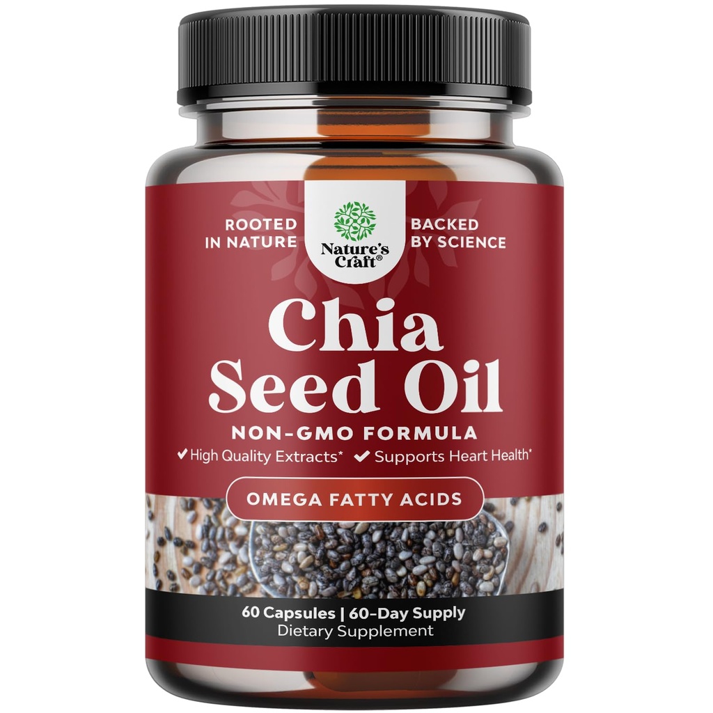 Chia Seed Oil Extract Capsules - Plant Based Omega 3 6 9 Supplement och Daily Fiber Capsules for Adults Digestive and Immune Support and Heart Health - Omega 3 Fatty Acids Supplement för män och kvinnor