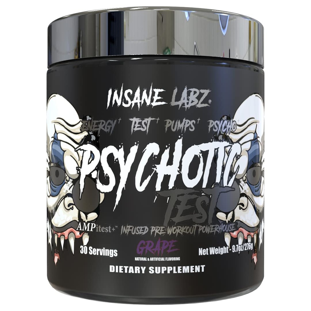 Insane Labz Psychotic Test, High Stim Testosterone Energy och Pump Boosting Pre-Workout Powder med DMAE Bitartrate, D Aspartic Acid, Creatine HCL och Glycerol Monostearate, 30 portioner, Grape