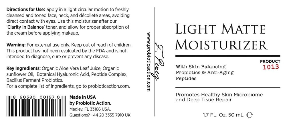 Probiotisk Action® Light Matte Moisturizer - Probiotic hjälper till att förhindra Acne, Rosacea och Eczema. Probiotiska och peptid behåller glöd, mjukhet och täthet av klar hud.