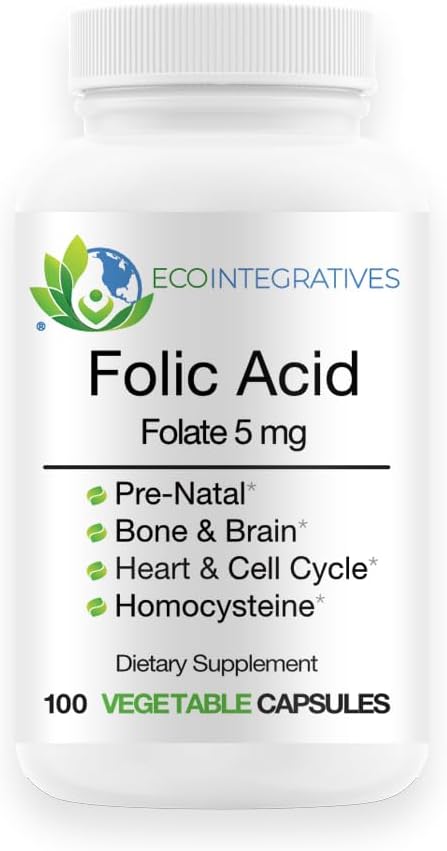 Foolihappo Folaatti 5 mg (B9) Prenataali-, Lisääntymisterveys-, homokysteiini-, aineenvaihdunta-, kardiovaskulaari-, luu-, immuuni- tuki-, allergeeni-, non GMO - 100 vegaanikapselia