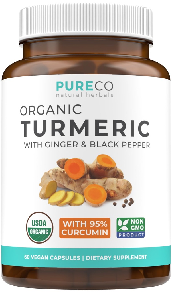 Organisk gurkmeja Ginger Black Pepper Supplement - High Potency Organic Turmeric Curcumin Capsules med Ginger & Black Pepper för förbättrade fördelar och absorption - Vegan & Non-GMO (1 månad Supply)