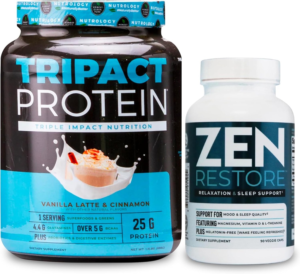 Nutrology TRIPACT Protein Powder, 7-i-1 Meal Replacement Shake, Vanilla Latte Cinnamon Flavor (20 Servings) Zen Natural Magnesium Supplement (30 portioner)
