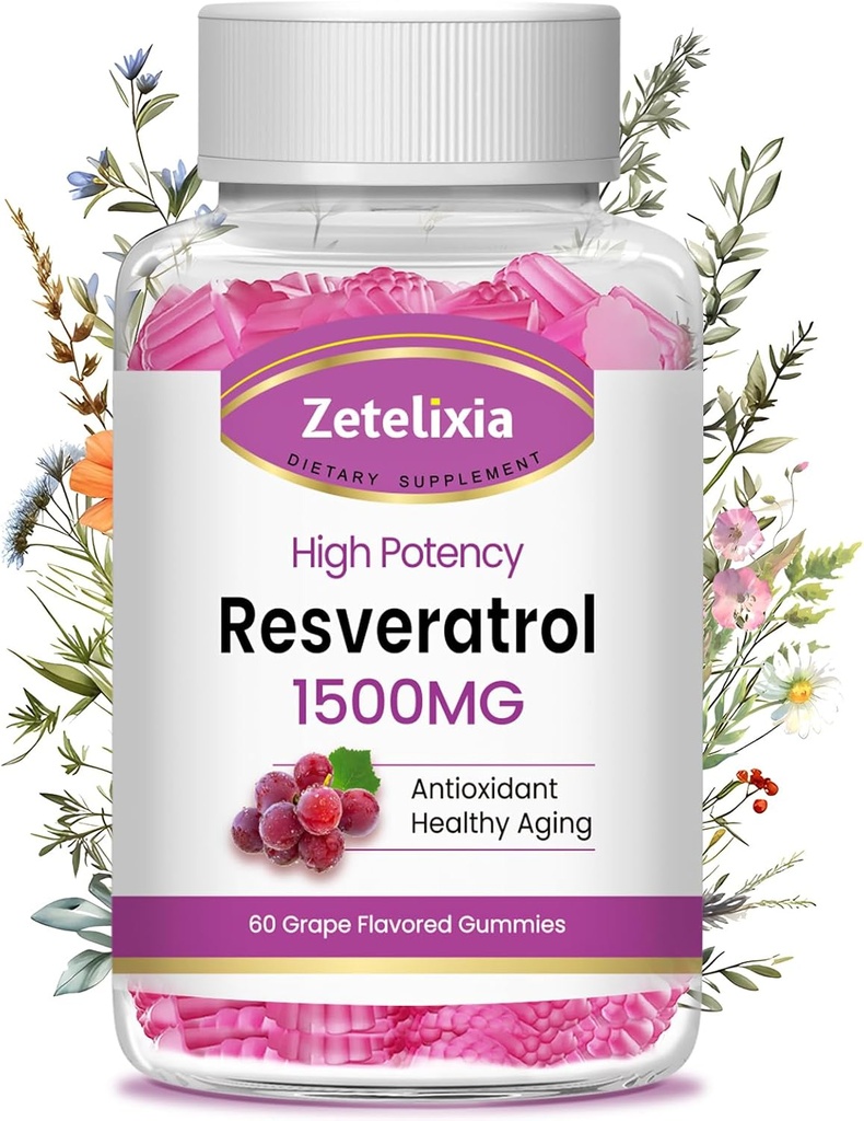 Sokeriton Resveratrol Gummies - Korkea puhtaus Resveratrol täydentää antioksidantti, Terve ikääntyminen, iho, aivot, Organic - 60 Gummies
