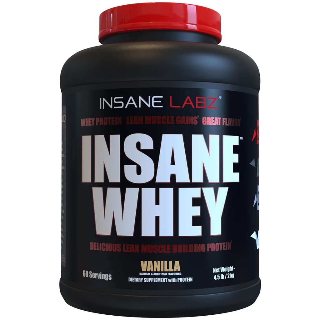 Insane Labz Insane Whey,100% Lihas Building Whey Protein, Post Treout, BCAA Amino Profile, Mass Gainer, Ateriankorvaus, 5lbs, 60 Srvgs, (Vanilla)