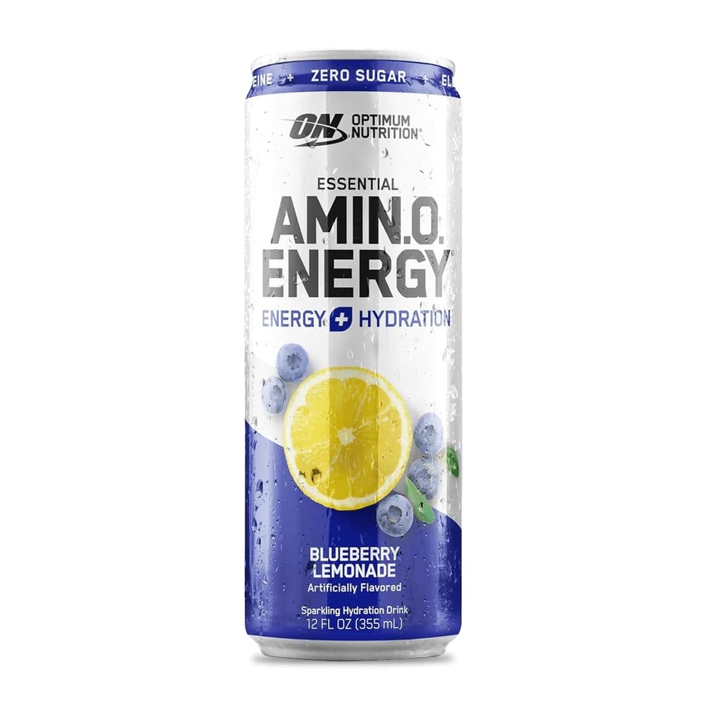 Optimum Nutrition Amino Energy Sparkling Hydration Drink, Electrolytes, Kofeiini, Aminohapot, BCAAs, Sokeriton, Mustikka sitruuna, 12 Fl Oz, 1 count (Pakkaus toukokuussa Vary)