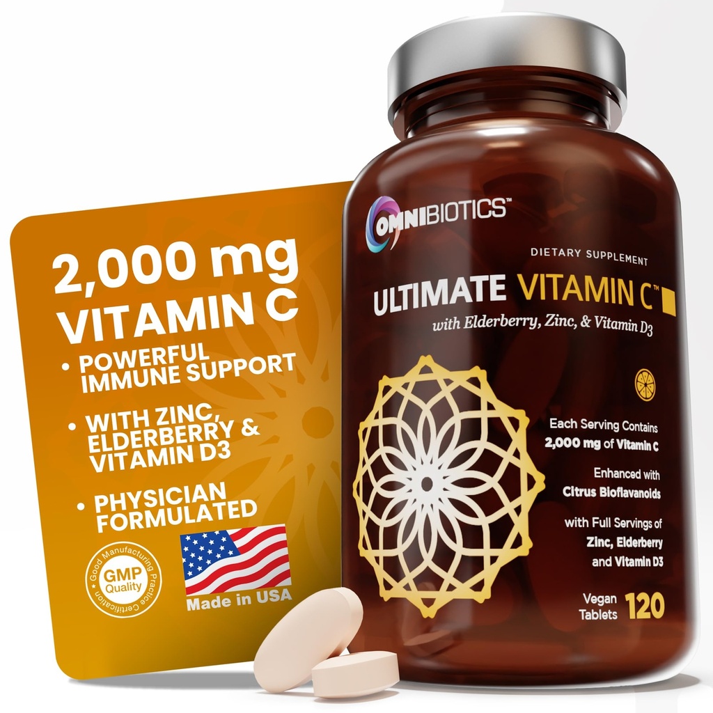 OmniBiotics Ultimate Vitamin C Supplement 2000mg - med Zink, Elderberry Extract och D3 - High Potency Immune Support & Collagen Booster - 120 Vegan tabletter