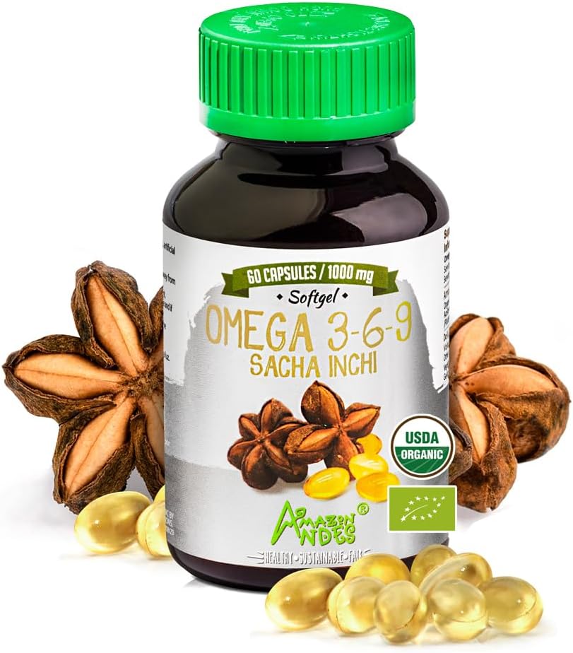 Andes Sacha Inchi Capsules (Plukenetia volubilis) - Källa av Omega 3, 6, 9 med Essential Fatty Acids - Odorless & Sustainably sourced - Brain Function Supporter - 60 Softgel Pills (1000mg)