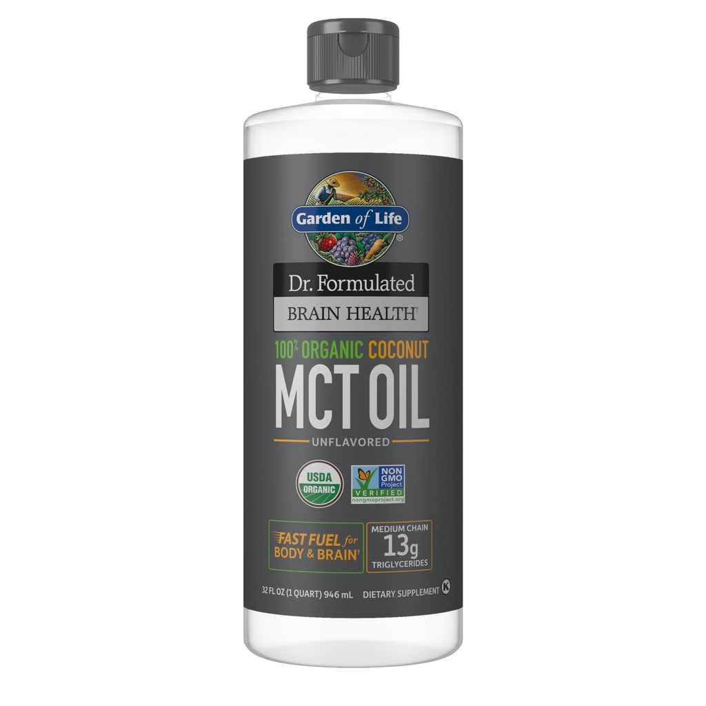 Elämän puutarha Dr. Formulated Brain Health 100% Organic Coconut MCT Oil 32 fl oz Ei makua, 13g MCTs, Body & Brain Fuel, Certified non-GMO Vegan & Gluteeniton, Heksaanivapaa