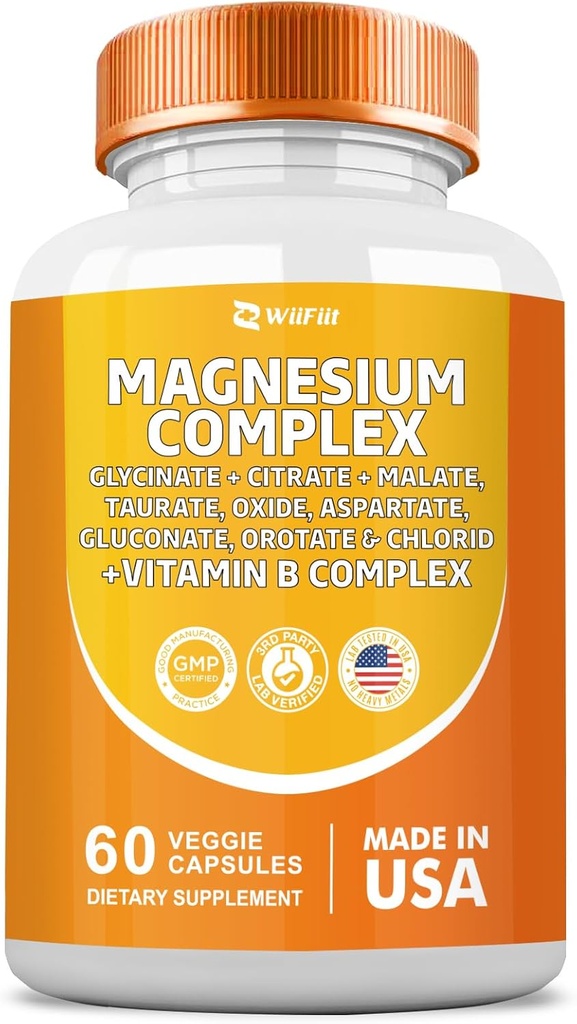 Magnesium Complex Supplement, Clycinate 141 mg oksidi 228 mg Malaatti 58, 5 mg Citraatti 62, 4 mg Orotate Glycina Taurate Kloridi aspartaatti glukonaatti B-vitamiini, mineraalilisät 60 kapselia
