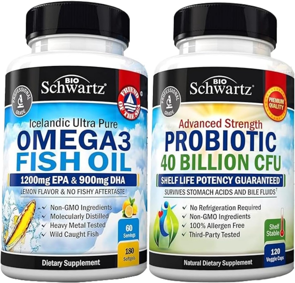Triple Strength Omega 3 Fish Oil Softgels (2 kuukauden tarjonta) Plus 40 miljardia PMY Daily Probiotic Supply (2 kuukauden tarjonta)