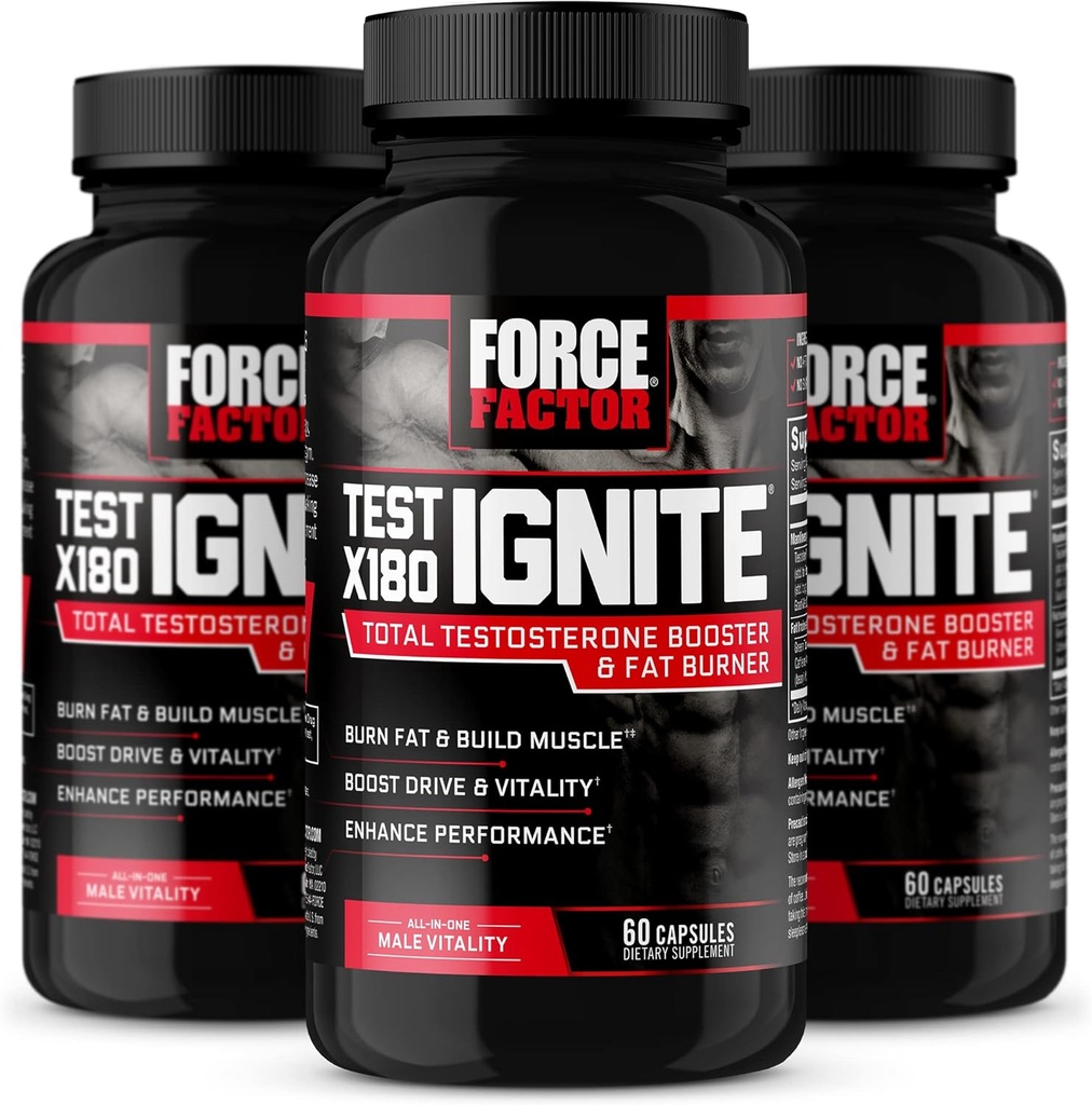 FORCE FACTOR Test X180 Ignite, Testosteroni Booster & Fat Burner miehille, Testosteroni täydentää auttaa rakentaa lihas, lisätä energiaa, ja Boost elinvoimaa ja suorituskykyä, 60 Luku (Pakkaus 3)