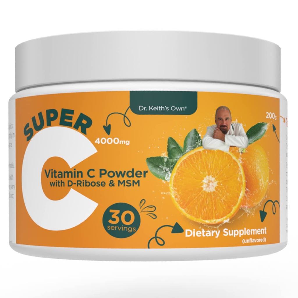 Tohtori Keith's Own Super C-High Dose Powdered C-vitamiini 4000mg D-Ribose, Glysiini, MSM-Highly Absorbable, Smach-Friendly, Collagen Boost, Immuuni tuki-ei maku, 200 grammaa (30 tarjoilua)