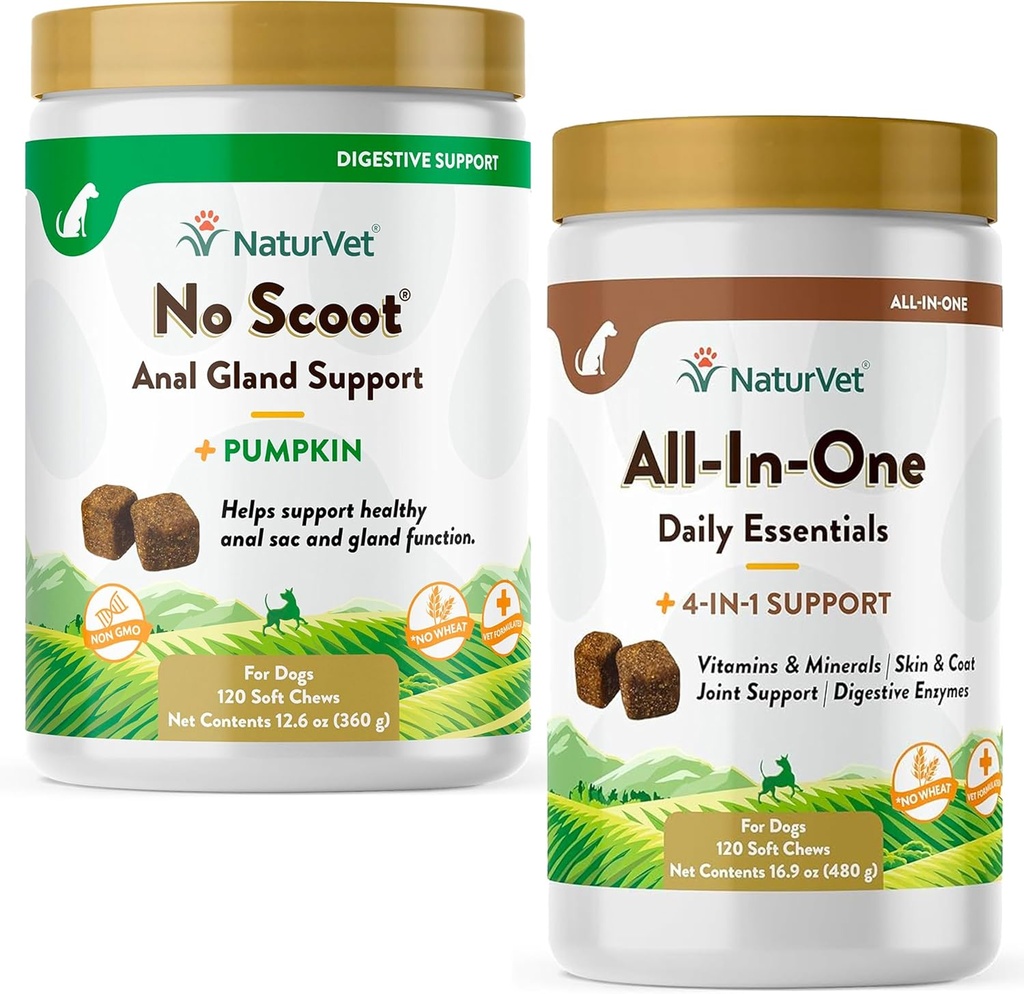 NaturVet All-in-One Dog Supplement - för Joint Support, Digestion, Skin, Coat Care - 120 Soft Chews & No Scoot for Dogs - 120 Soft Chews - Supports Healthy Anal Gland & Bowel Function