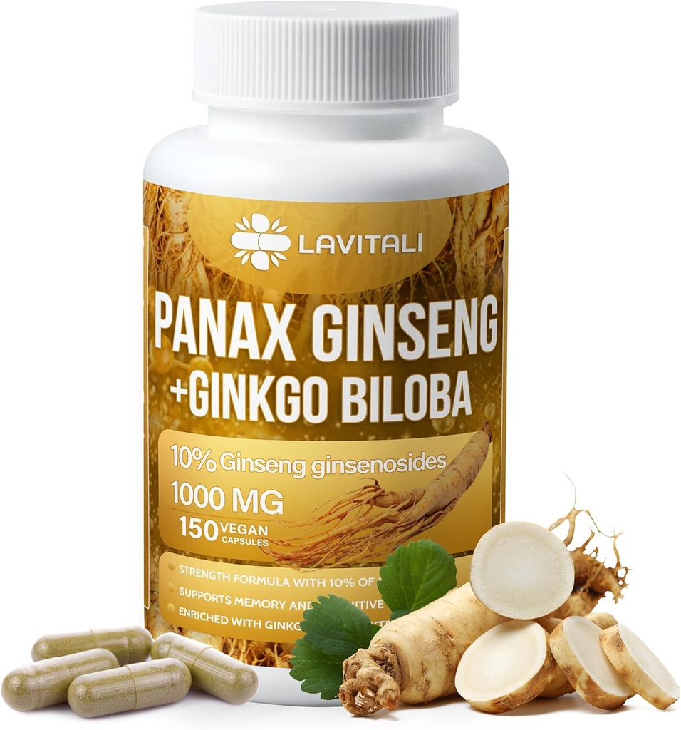 Ginseng & Ginkgo Biloba 150 kasviskapselit, energia Ginseng juuriuutejauhe, jossa Ginkgo Biloba-uute, 100% luontaista ja ei- gammageeninen, vegaaninen, gluteeniton, maidoton