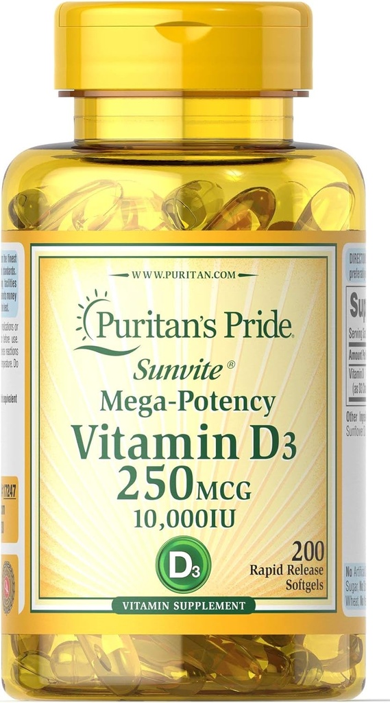 Puritanin ylpeysvitamiini D3 250 mikrog (10 000 IU) Softgels, 200 kreivi