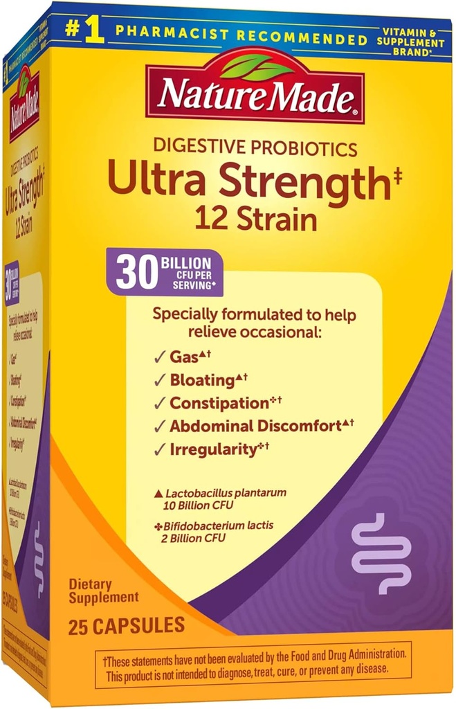 Luonto Made Ultra Strength 12 Kanta Ruoansulatuskanavan probiootit, Probiootit naisille ja miehille, 25 Probiootit kapselit, 25 päivän tarjonta