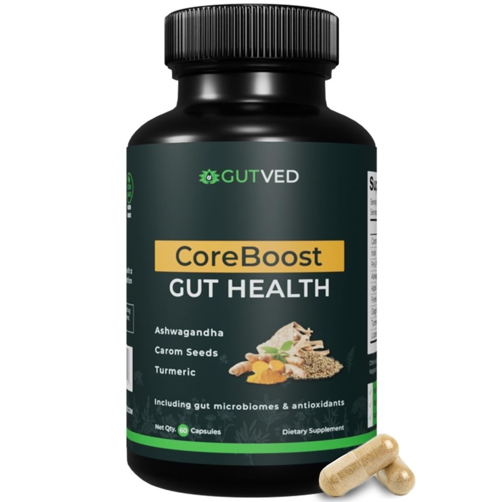 Gut Health Supplement Coreboost Ashwagandha, Carom Seeds, Turmeeric - Prebiootit ja Probiootit naisille ja miehille - 2 miljardia PMY-Best Ruoansulatuskanavan, turvotus helpotus, kaasun vähentäminen