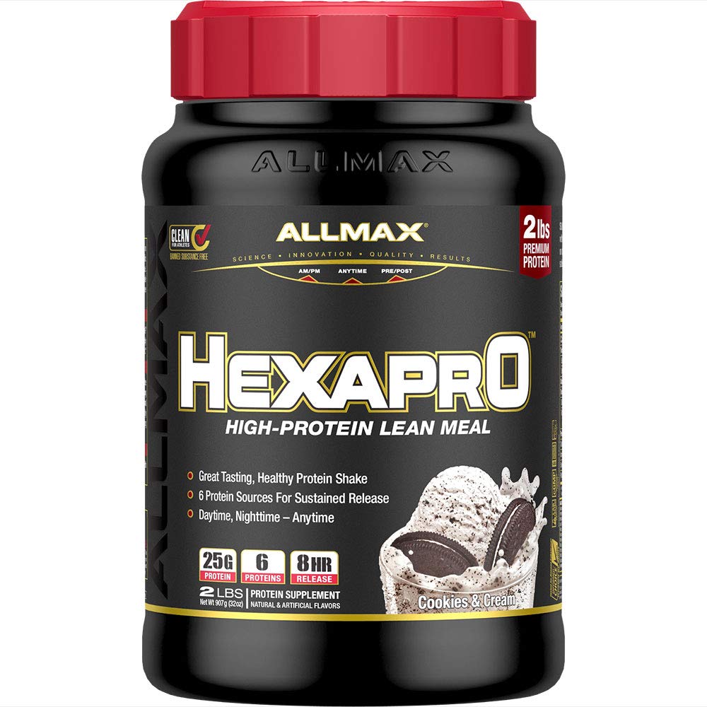ALLMAX HEXAPRO, Cookies & Cream - 2 lb - 25 Grams of Protein Per Serving - 8-timmars hållbar frisättning - Zero Sugar - 21 portioner