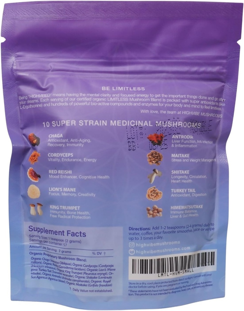 Highvibe Mushrooms Limitless Mushroom Powder, 10-i-1 Mushroom Blend, Full Spectrum Mycelium och Fruiting Body, Organic, Vegan, Kosher, GF, Fokuserad energi