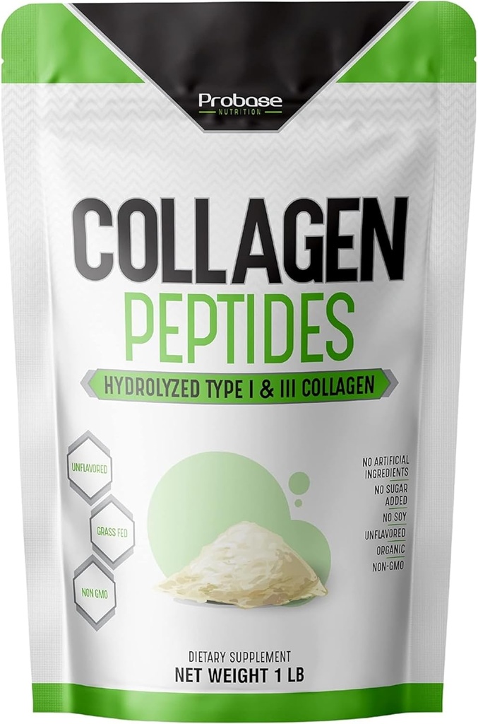 Probase Nutrition Collagen Peptides Powder (tyyppi I, III) ihon hiukset kynsien nivelet, hydrolysoitu parempaan kollageenin imeytymistä, ei-GMO-varmennettu, Keto Friendly ja Gluten Free, valkoinen, 16 Oz