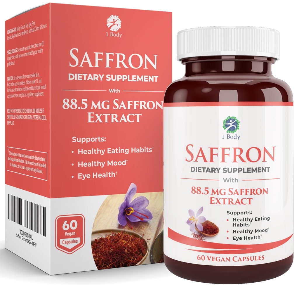 1 Body Saffron Extract Supplement, 88,5 mg Safranal, Antioxidant och Mood Support, Vegetariska kapslar