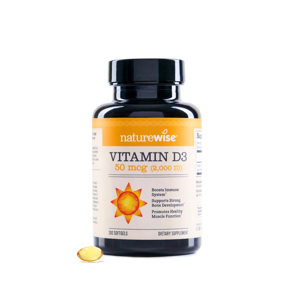 NatureWise Vitamin D3 2000iu (50 mcg) 200-dagars leverans för immunstöd, hälsosam muskelfunktion och benhälsa - icke-GMO, glutenfri i organisk extra jungfruolja, (Mini Softgel), 200 greve
