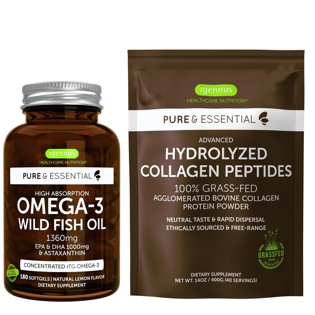 Korkea imeytyminen Omega-3 Wild Fish Oil 1360mg & Advanced Hydrolysed Collagen Peptides Bundle, 1000mg EPA & DHA, Astaksantiini & 100% Grass Fed Naudan kollageeniproteiinijauhe, Igennus