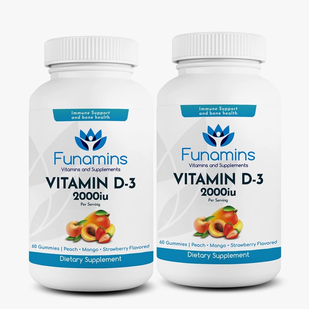 D3-vitamiini Gummies, 2-pakkaus, 60 Count Each, 2000iu per palvelin, tukee immuunijärjestelmän ja luun terveys; lapsille ja aikuisille; Persikka, mango, mansikka makuja