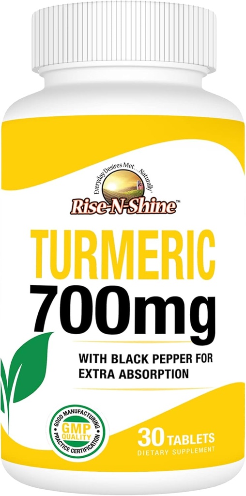 Rise-N-Shine 700 mg gurkmeja Curcumin med svartpeppar - Herbal Supplements for Skin and Joint Support - 30-Day Supply