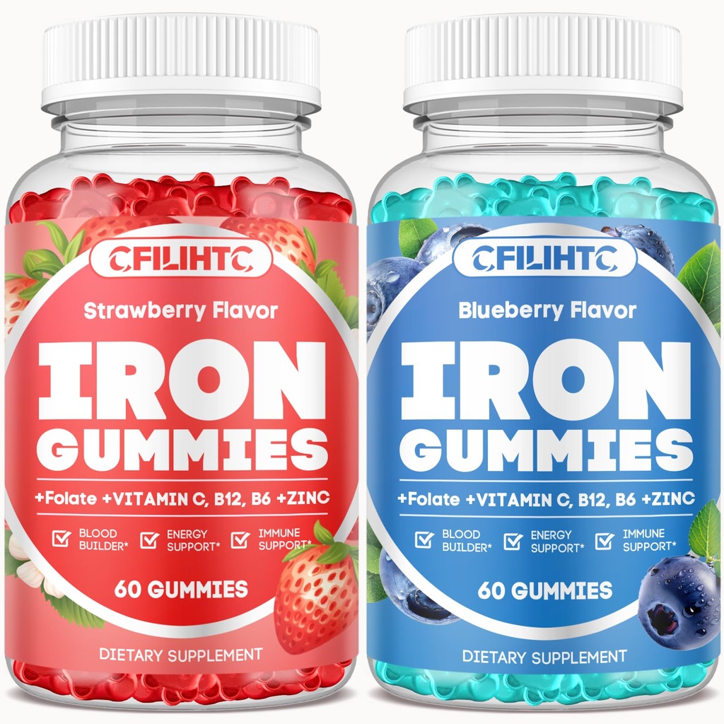 2 Pack Iron Gummies för vuxna och barn Iron Supplement Strawberry Blueberry smak
