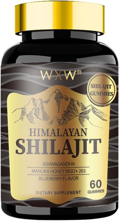 WXW Himalayan Shilajit Gummies, 60 Count, Blueberry Flavor, Tukee harjoittelun jälkeen Recovery, Immuniteetti, Digestio, Mieli & muisti, Terve sydän, Kognitiiviset kyvyt (1 pullo, Kulta shilajit)