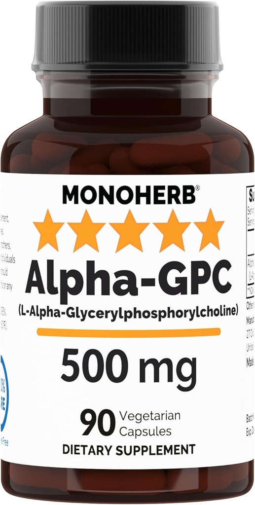 MONOHERB Alpha-GPC 500 mg - 90 Vegan kapslar, Nootropic för hjärnstöd, fokus, minne, motivation och energi